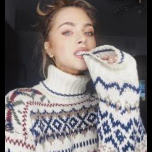 Vintage knitted cottage core sweater turtleneck chunky cream print M - Picture 1 of 5